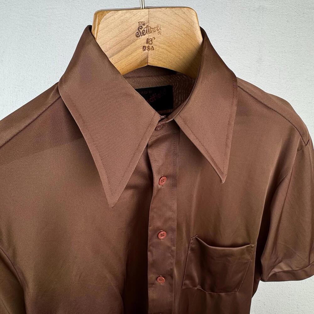 70’s Vintage‎ Bradford Mens Medium Brown Nylon Dagger Collar Shirt - Picture 3 of 9